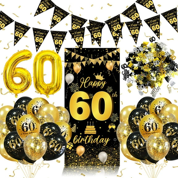AYUQI 60th Birthday Party Decorations for Men, Black Gold Happy 60th Birthday Banner with 60th Balloons 60th Door Cover Backdrop Birthday Anniversary Party Sign Decor Supplies for Father Husband