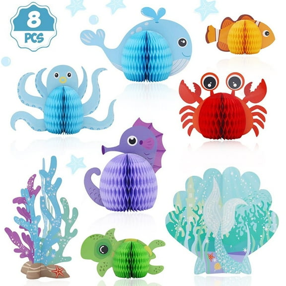 AYUQI 8 Pieces Ocean Sea Animal Honeycomb Centerpiece Under the Sea Table Decorations Ocean Themed Marine Creature Decoration Fish Mermaid Table Honeycomb for Beach Themed Birthday Party Baby Shower