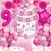 AYUQI 9th Birthday Decorations for Girls, Number 9 Balloon, Happy Birthday Banner, Bday Sash Crown Tablecloth Fringe Curtain Hanging Swirl