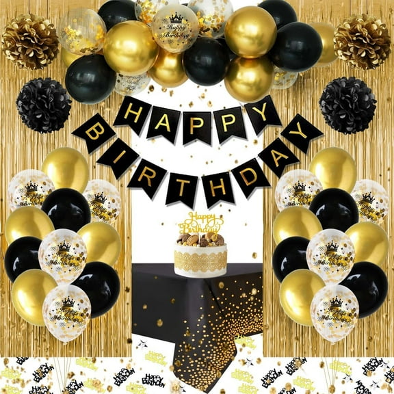 AYUQI Black Gold Birthday Decoration for Women Men, Black Gold Balloons Birthday Supplies with Happy Birthday Banner, Paper Pompom, Curtain Foil Tablecloth for 1th 18th 21th 30th 40th 50th Birthday