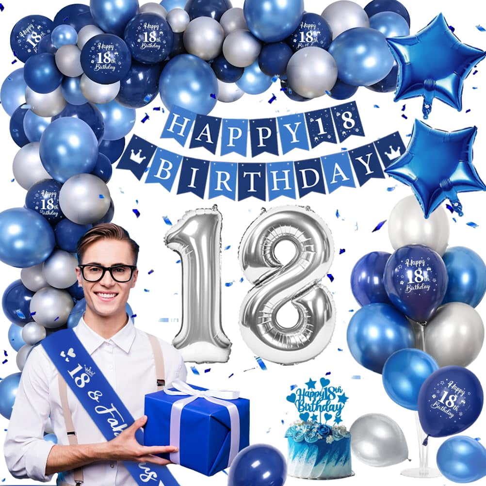 AYUQI Blue 18th Birthday Decorations for Boys, Navy Blue Silver Happy
