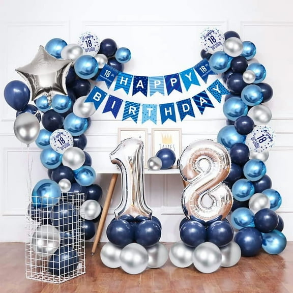 AYUQI Blue 18th Birthday Decorations for Men, Navy Blue Silver Happy 18th Birthday, Blue and Silver 18th Birthday Balloons with Birthday Banner for Him 18 Years Old Birthday Party Supplies