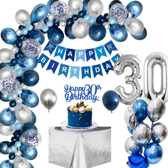 AYUQI Blue 30th Birthday Decorations for Men, Navy Blue Silver Happy 30th Birthday, Blue and Silver 30th Birthday Balloons with Birthday Banner for Him 30 Years Old Birthday Party Supplies