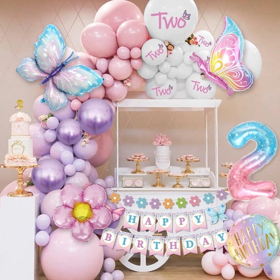AYUQI Butterfly 2nd Birthday Decorations Girl - Purple Pink Balloon Garland Arch Kit, Butterfly Foil Balloons, Happy Birthday Banner, Number 2 Balloon, Two-Year-Old Birthday Party Decorations