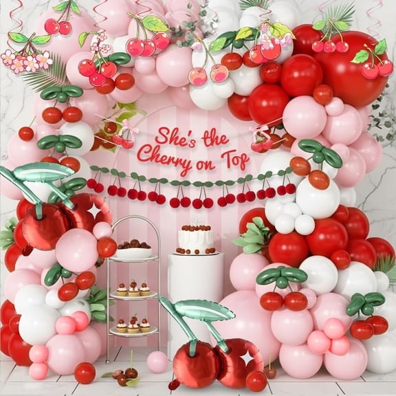 AYUQI Cherry Balloon Garland Arch Kit, Red Pink White Green Long Balloons for Girls Birthday She is Cherry on Top Baby Shower Wedding Bridal Party Decorations