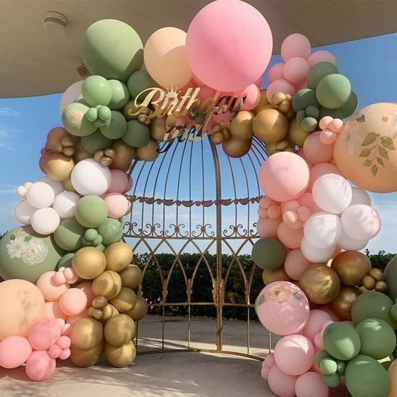 AYUQI Green Pink Balloon Arch Garland Kit, Sage Green Baby Pink Apricot White Balloon Metallic Gold Party Balloons for Birthday Baby Shower Boys Girls Wedding Safari Jungle Party Decorations
