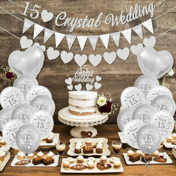AYUQI Happy 15th Anniversary Decorations – Silver Crystal Wedding Banner, Cake Topper, Happy 15th Anniversary Balloons Silver White Balloons for Romantic Wedding Anniversary Decorations