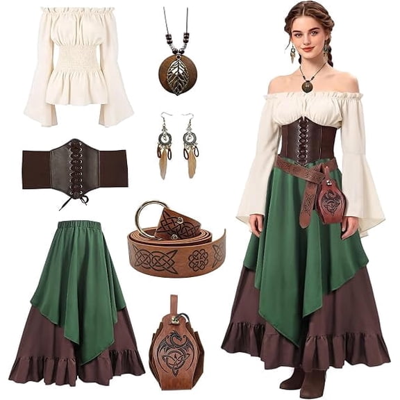 AYUQI Medieval Costume Women, Renaissance Dress, Vintage Blouse Top Skirt with Renaissance Accessories, Medieval Halloween Cosplay Outfit, L