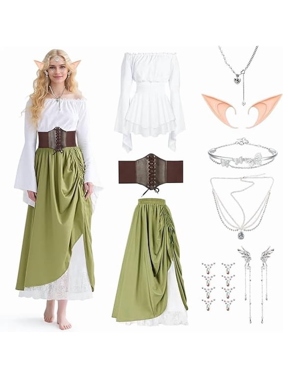Medieval Dress for Women, Renaissance Dress with Elf Ears Collar, Belt, Gothic Vintage Clothing Carnival Halloween Cosplay, M