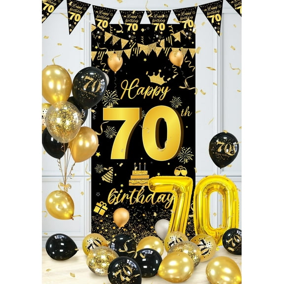 AYUQI Men Women 70th Birthday Decorations, Happy 70th Birthday Backdrop Banner Pennant Banner Black Gold Balloons, 70 Years Old Party Supplies, Black Gold 70 Birthday Decor 70th Bday for Grandparents
