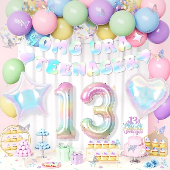 AYUQI Pastel 13th Birthday Decorations Girls, Teenager Banner 13th Party Decoration Set, Macaron Pastel Balloons, Number 13 Balloon, Heart Foil Balloon