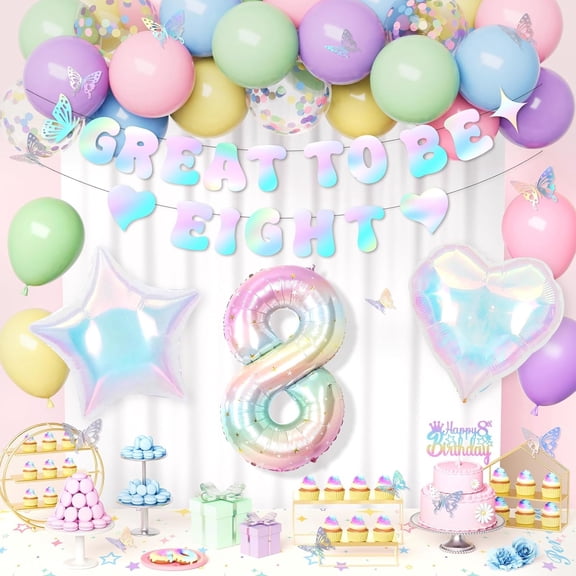 AYUQI Pastel 8th Birthday Decorations Girl, Great To Be Eight 8th Party Decoration Set, Macaron Pastel Balloons, Number 8 Balloon, Star Heart Foil Balloon