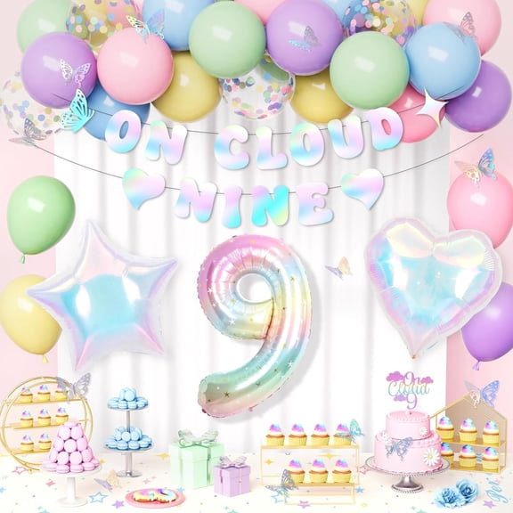 AYUQI Pastel 9th Birthday Decorations Girl, On Cloud Nine Banner 9th Party Decoration Set, Macaron Pastel Balloons, Number 9 Balloon, Heart Foil Balloon