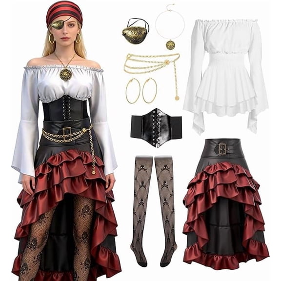 AYUQI Pirate Costume Women Outfit with Renaissance Pirate Shirt Skirt Corset Waist Belt Accessories Set for Halloween, L
