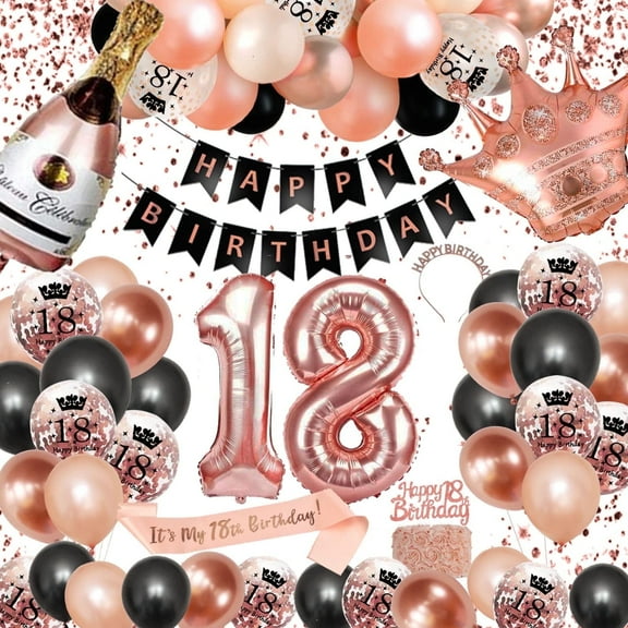 AYUQI Rose Gold Black 18th Birthday Decorations for Girls, Rose Gold Black Decoration Set Balloons Happy Birthday Banner Confetti Balloons Women Girls 18 Years Old Party Supplies