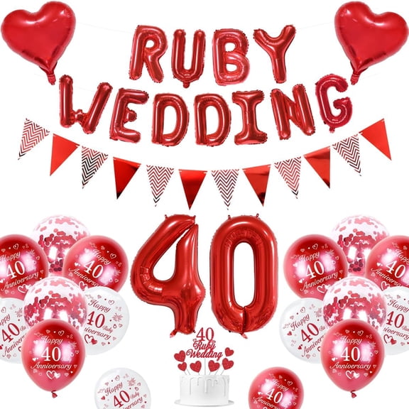 AYUQI Ruby Wedding Decorations, 40th Wedding Anniversary Decorations with Balloons Banner Cake Topper
