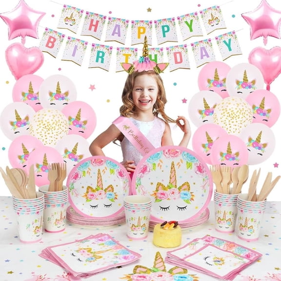 AYUQI Unicorn Birthday Party Decorations for Girls, Kids Unicorn Party Supplies with Unicorn Plates Napkins Cups Tableware, Pink Unicorn Balloons, Unicorn Banner, Headband