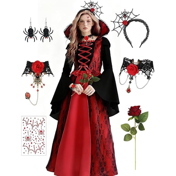 AYUQI Vampire Costume for Women, Gothic Vampire Dress with Accessories Necklace Bracelet Headband for Halloween Costume, M
