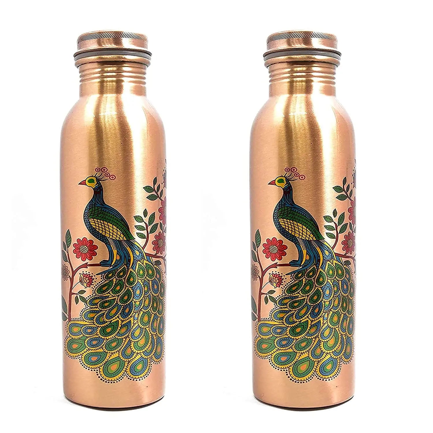 AYURVEDA 100% Pure COPPER 1000ML Peacock Printed Matte Coated Pure Copper Water Bottle 2 Set