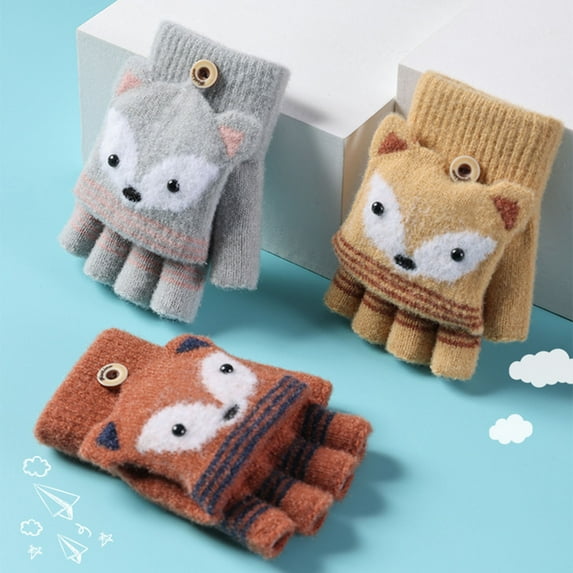 AYYUFE 1 Pair 6-10 Years Boys Girls Gloves Cartoon Fox Half Finger Winter Animal Pattern Stretchy Gloves for School