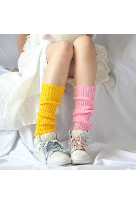 1 Pair Female Knitted Socks Stretchy Warm Keeping Acrylic Autumn/Winter Solid Color Leg Socks for Shopping