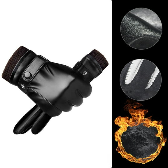 AYYUFE 1 Pair Fleece Lining Ribbed Cuffs Adjustable Buttons Full Finger Men Gloves Winter Windproof Faux Leather Cycling Gloves