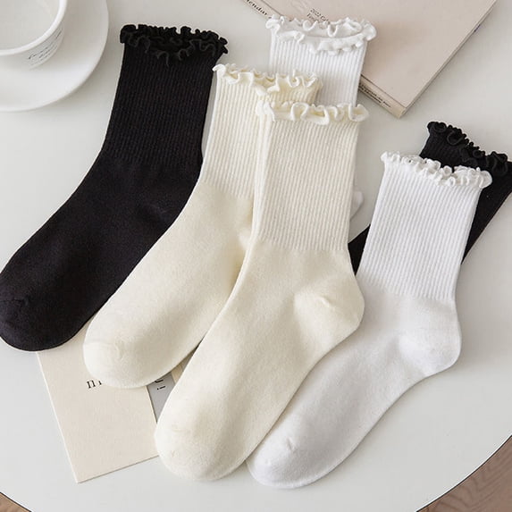 AYYUFE 1 Pair Ladies Socks Ruffle Middle Tube Ankle High Shirring Edge Striped Texture High Elasticity Anti-slip Soft Breathable Sweat Absorption Lady Four Seaons Socks