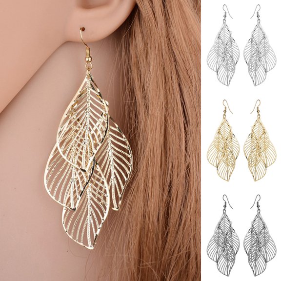 AYYUFE 1 Pair Lady Dangle Earrings Stainless Exquisite Curled Edge Hollow Out Leaf Shape Hanging Earrings Female Jewelry