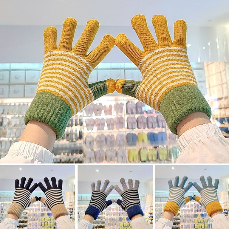 AYYUFE 1 Pair Thickened Warm Full Fingers Ribbed Cuffs Winter Gloves Couple  Striped Splicing Fleece Lining Knitting Gloves