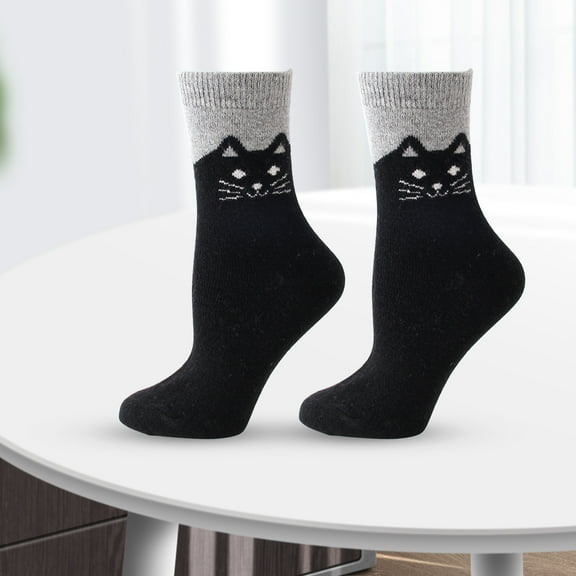 AYYUFE 1 Pair Winter Socks Wind-proof Soft Touch Adorable Mid Cuff Cat Print Lady Socks for Daily Wear