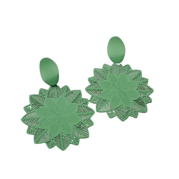 AYYUFE 1 Pair Women Earrings Hollow Out Flower Shape Jewelry Vintage Exaggerated Drop Earrings for Banquet Alloy Green