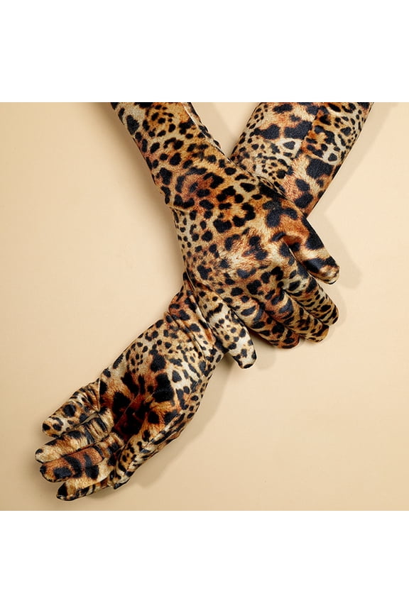 1 Pair Women Long Gloves Leopard Print Full Finger Velvet Coldproof Extended Length Elbow Gloves for Makeup Party Dancing Cosplay