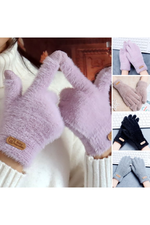 1 Pair Women Winter Gloves Cozy Solid Color Full Finger Plush Elastic Keep Warm Furry Thicken Lady Gloves Winter Daily Gloves