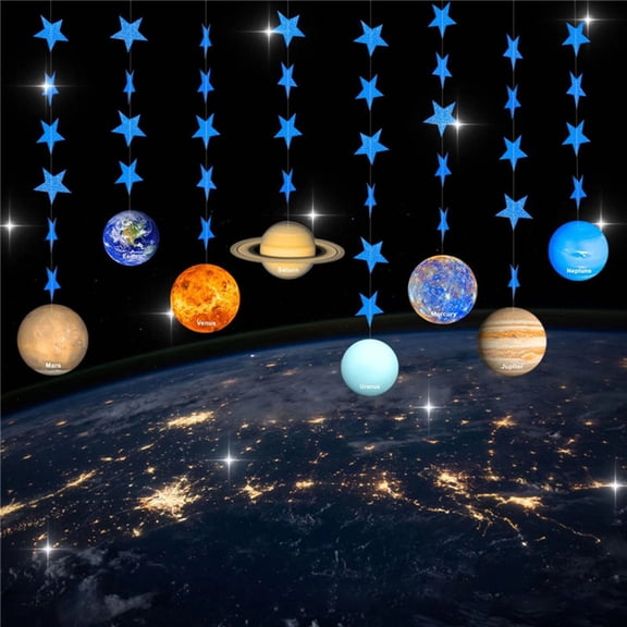 AYYUFE 1 Set Hanging Flag Realistic Looking Smooth Edge with Glitter Stars Wear Resistant Wide Application Universe Eight Planets Wall Hanging Decoration Gift Home Supplies
