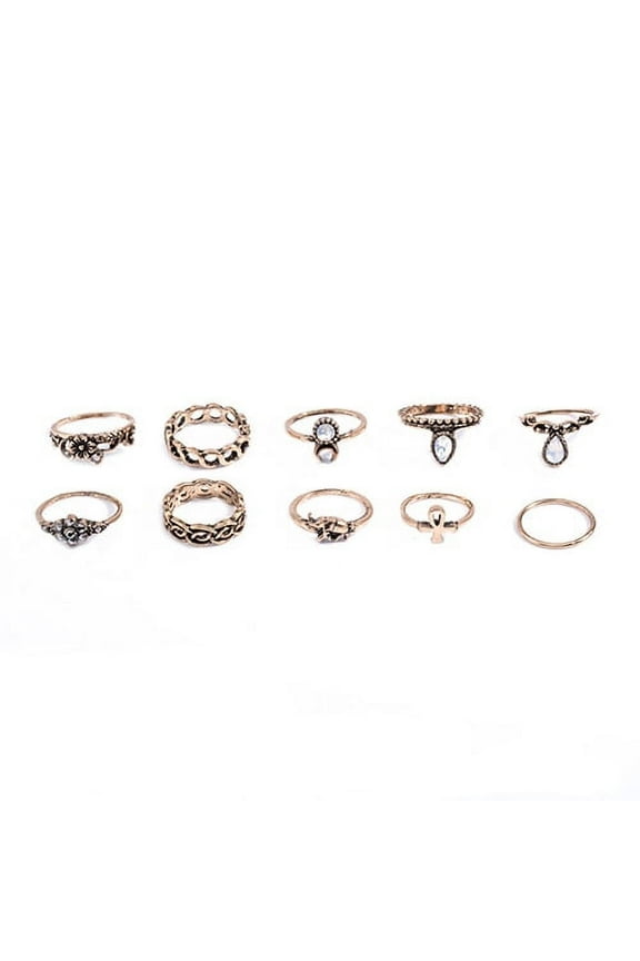 10Pcs Elephant Moon Flower Rhinestone Women Vintage Above Knuckle Midi Ring Set Alloy, Rhinestone Multi-color