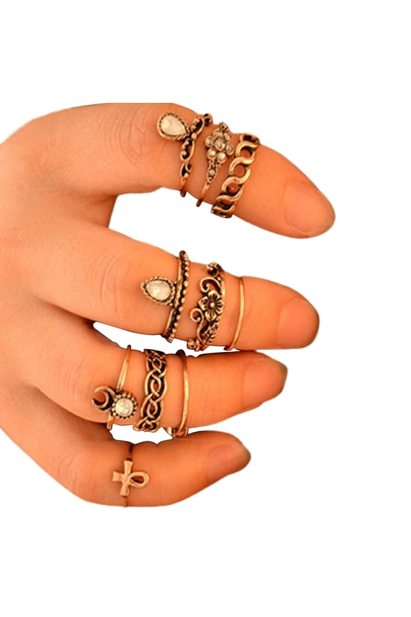 10Pcs/Set Knuckle Finger Rings Vintage Anti-rust Flower Hollow Women Jewelry for Camping Rhinestone,Alloy Gold