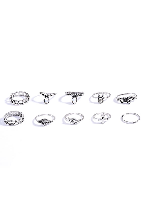 10Pcs/Set Retro Boho Elephant Flower Moon Above Knuckle Midi Finger Ring Jewelry Alloy, Rhinestone Silver