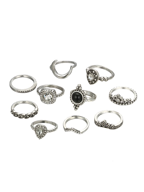 10Pcs Vintage Crown Pear Rhinestone Women Knuckle Midi Finger Stacking Rings Alloy, Rhinestone Multi-color