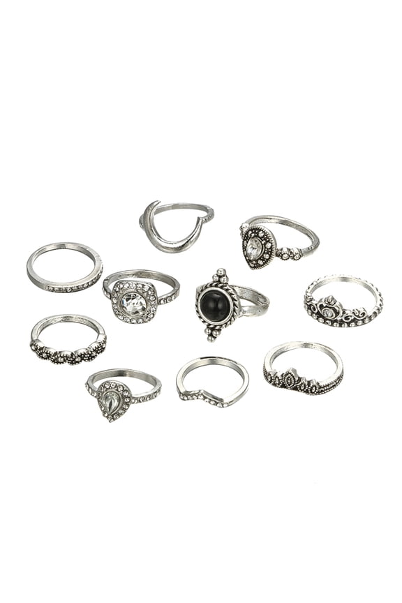 10Pcs Vintage Crown Pear Rhinestone Women Knuckle Midi Finger Stacking Rings Alloy, Rhinestone Multi-color