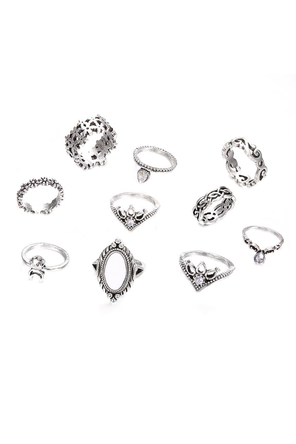 10Pcs Women Retro Faux Opal Rhinestone Knuckle Midi Finger Stacking Joint Ring Alloy, Rhinestone, Faux Opal Multi-c
