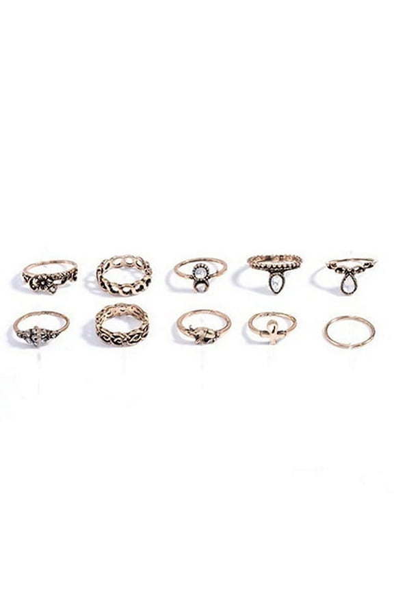 10Pcs Women's Punk Vintage Hollow Flower Jewelry Midi Knuckle Rings Set Alloy, Rhinestone Gold