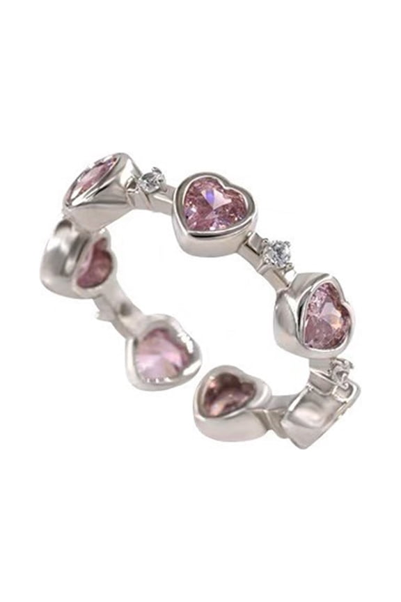11PCS Women Ring Pink Rhinestone Geometric Faux Crystal Adjustable Smooth Dress Up Item Love Heart Open Ring Jewelry Accessory,Silver