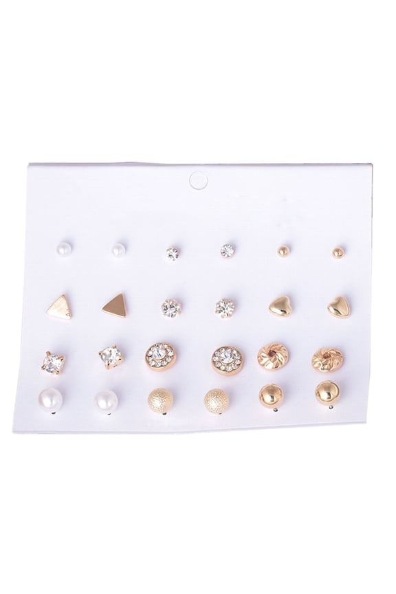 12 Pairs Ear Studs Various Shape Rhinestone Women Earrings for Party Rhinestone,Alloy,Faux Pearl Gold