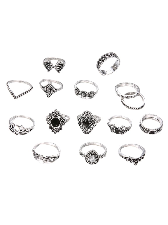 15Pcs Women Hollow Lotus Sunflower Geometric Faux Gem Stacking Ring