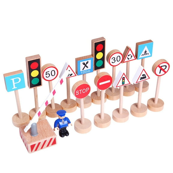 AYYUFE 16Pcs Wooden Street Road Traffic Signs Model Block Educational Kids Toy
