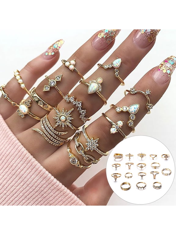 17Pcs Unique Carved Stackable Knuckle Rings Alloy Boho Ethnic Style Faux Gem Finger Rings Jewelry Accessory