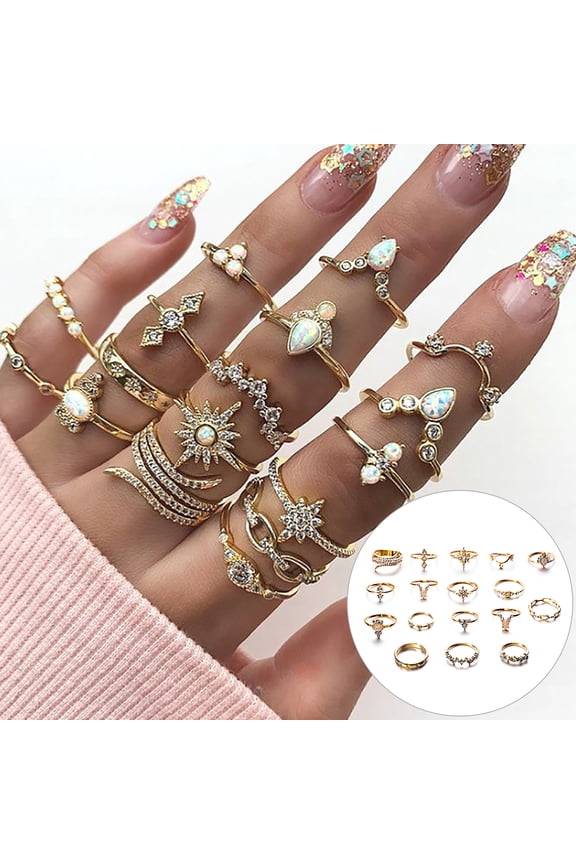 17Pcs Unique Carved Stackable Knuckle Rings Alloy Boho Ethnic Style Faux Gem Finger Rings Jewelry Accessory