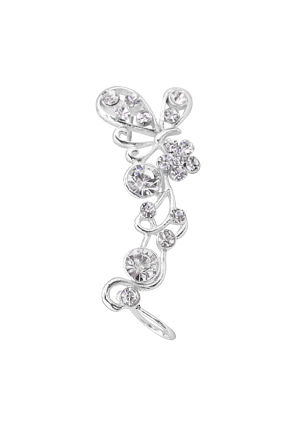 1Pc Sweet Women Rhinestone Inlaid Butterfly Right Ear Cuff Stud Earrings Jewelry Alloy, Rhinestone Silver