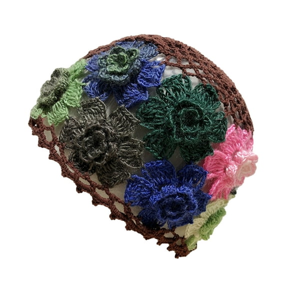 AYYUFE 2PCS Women Hat Manual Colorful Hollow Out Knitted Flower Crochet Elastic Soft Breathable Lightweight Sunshade Soft Travel Outdoor Cap Brimless Beanie,Coffee