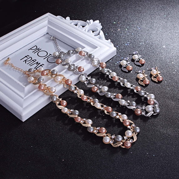 AYYUFE 2Pcs/Set Adjustable Extension Chain Necklace Earrings Set Ear Studs Faux Pearl Bridal Earrings Necklace Set Jewelry Accessory